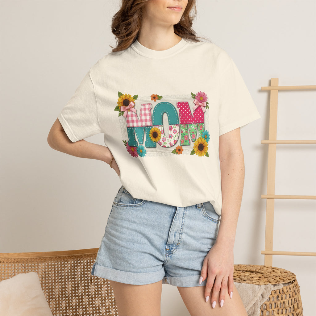 Mom Sunflower Applique Shirt, Faux Stitch Floral MOM Tee, Mothers Day Shirt, Mom Gift