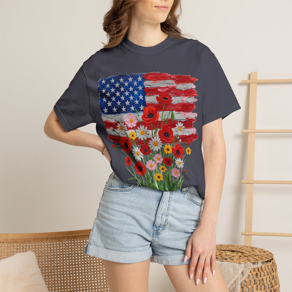 American Flag Poppy Bouquet Shirt, Impasto Patriotic Floral Tee, Memorial Day Shirt, Veterans Gift