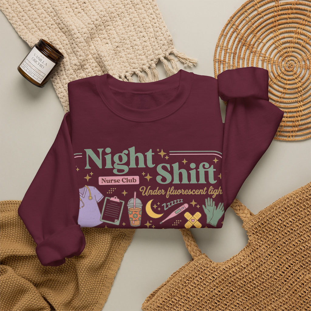 Night Shift Nurse Club Sweatshirt, Under Fluorescent Lights And Moonlight Sweatshirt, Retro Nurse Gift, Night Nurse Scrubs Doodle Sweatshirt