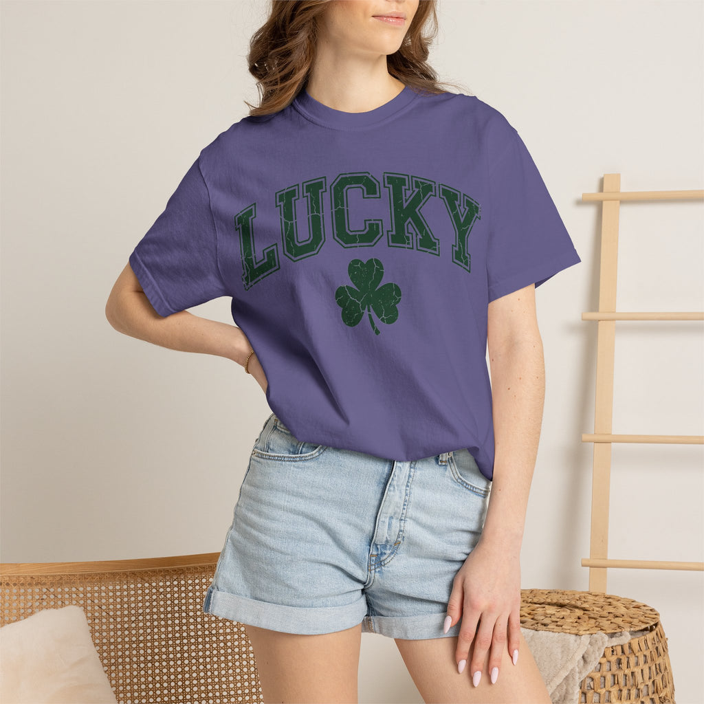 Lucky Shamrock Varsity Shirt, Distressed Green Clover Tee, St Patricks Day Collegiate Shirt, Irish Gift