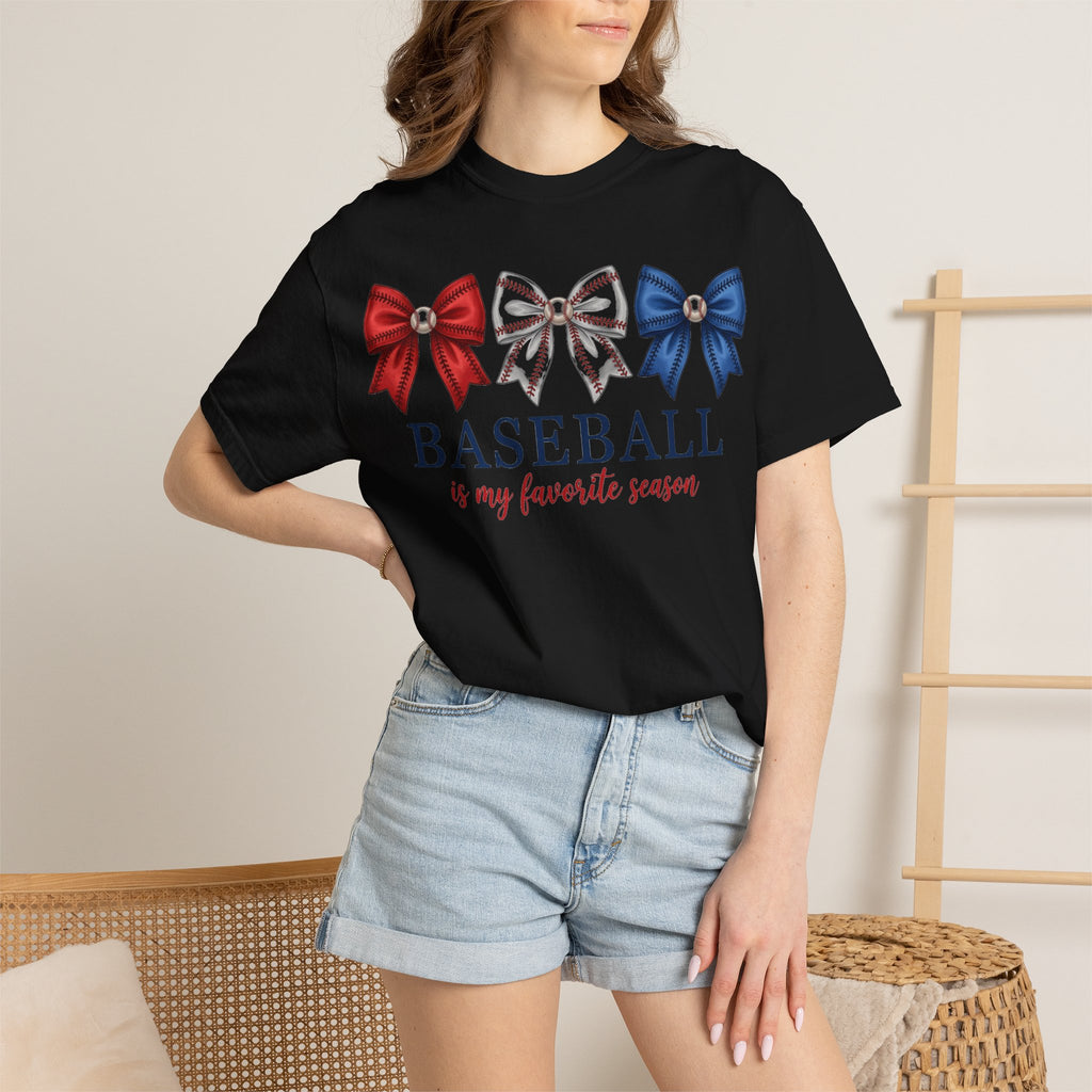 Baseball Is My Favorite Season Tee, Small Bow Trio Baseball Shirt, Coquette Sports Mom Shirt, Game Day Gift
