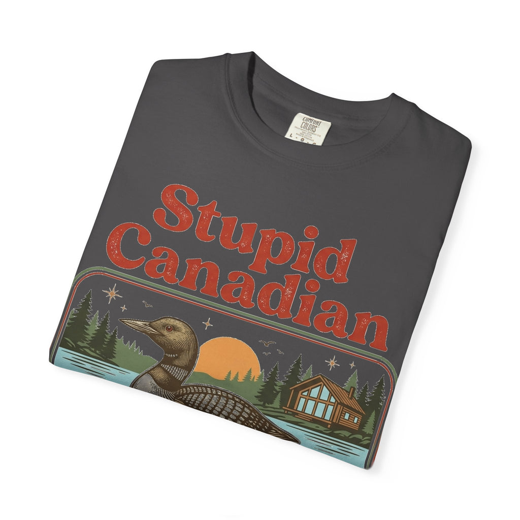 Stupid Canadian Wolf-Bird Classic Shirt, Loon Lake Scene Badge Tee, Funny Cabin Shirt, Lake Life Gift
