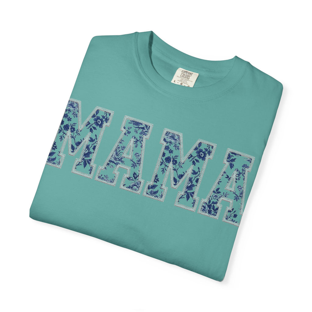 Mama Blue Toile Shirt, Delft Floral Applique Varsity Tee, Chinoiserie Mom Shirt, Mothers Day Gift