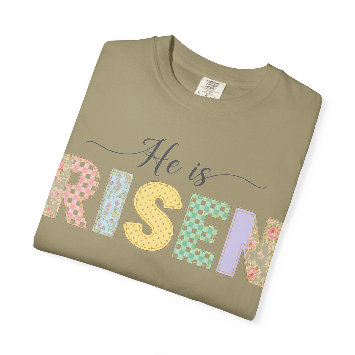 He Is Risen Pastel Patch Shirt, Easter Faux Stitch Letter Tee, Christian Spring Shirt, Easter Gift
