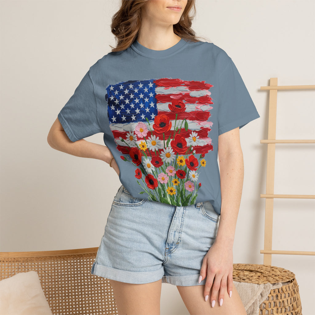 American Flag Poppy Bouquet Shirt, Impasto Patriotic Floral Tee, Memorial Day Shirt, Veterans Gift