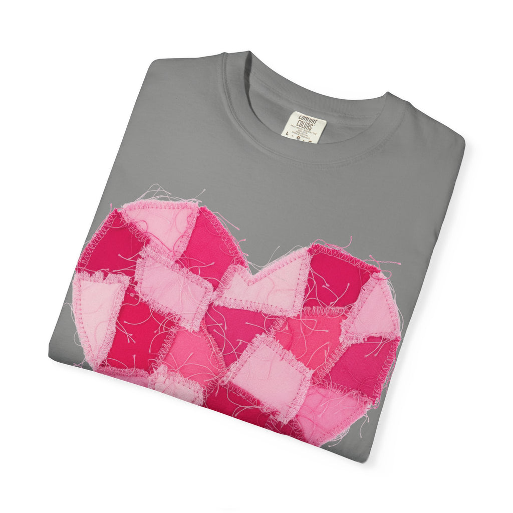 Hot Pink Patchwork Heart Shirt, Checkered Quilt Heart Tee, Frayed Applique Valentine Shirt, Gift For Her