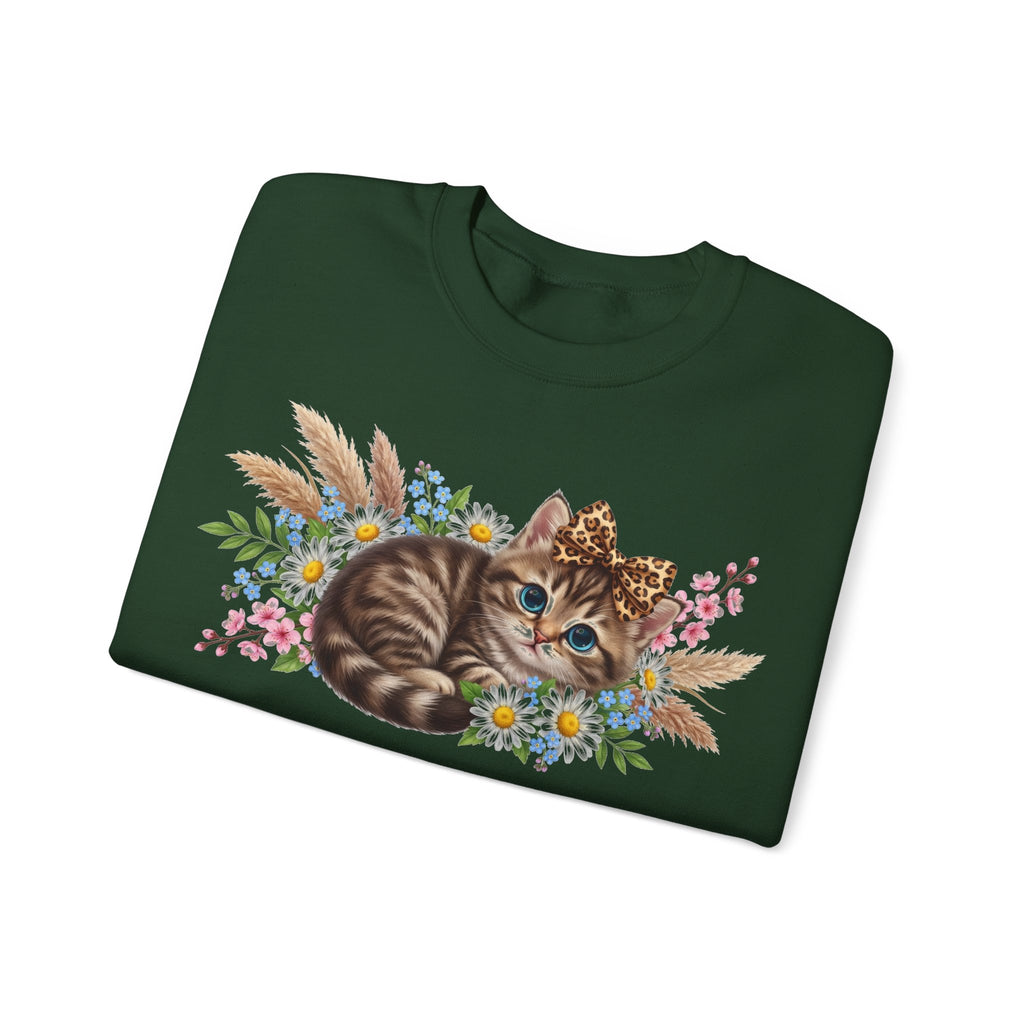 Cute Kitten Sweatshirt, Leopard Bow Floral Cat Sweatshirt, Coquette Cat Lover Gift, Tabby Kitten Pampas Flowers Sweatshirt, Cat Mom Boho Swe