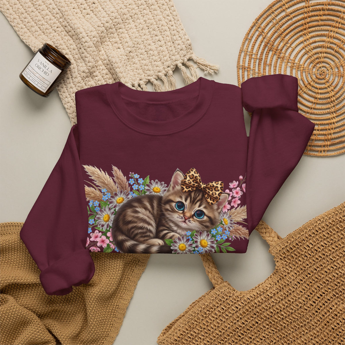 Cute Kitten Sweatshirt, Leopard Bow Floral Cat Sweatshirt, Coquette Cat Lover Gift, Tabby Kitten Pampas Flowers Sweatshirt, Cat Mom Boho Swe