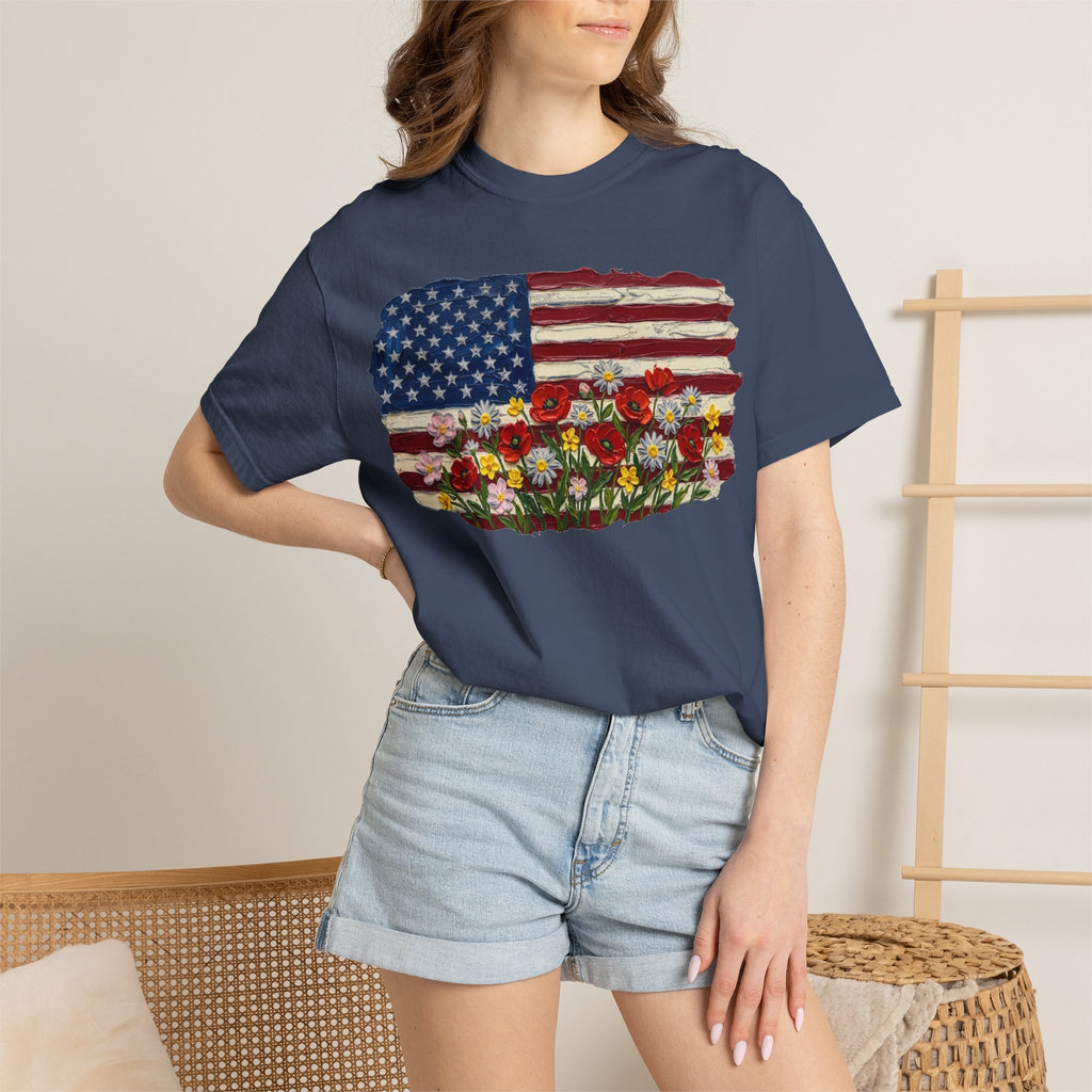 Impasto American Flag Wildflowers Shirt, Painted Flag Floral Tee, Patriotic Garden Shirt, Fourth Of July Gift