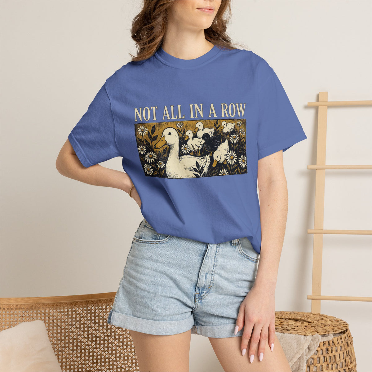 Not All In A Row Shirt, Woodcut Duck And Daisies Tee, Vintage Block Print Shirt, Funny Duck Gift