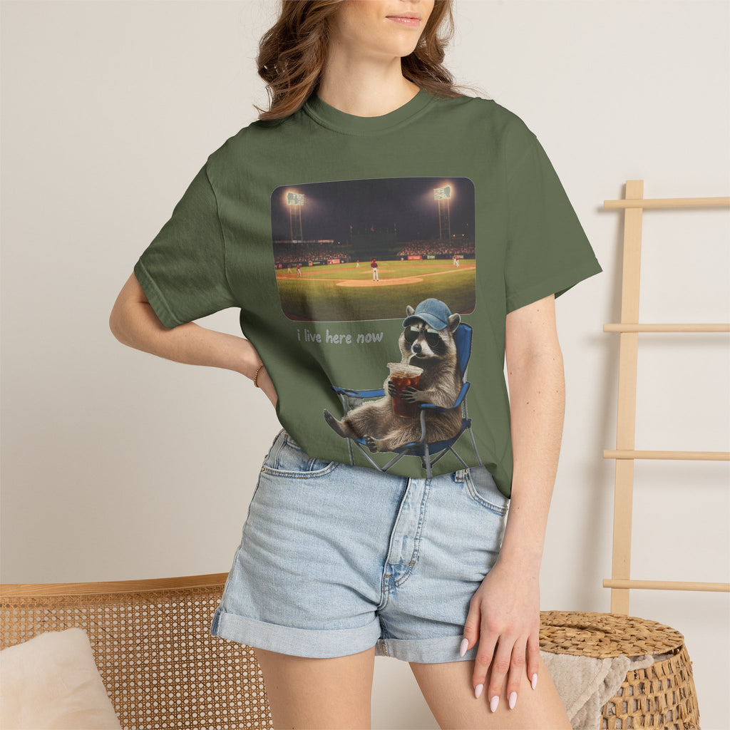 I Live Here Now Ballpark Raccoon Shirt, Funny Baseball Parent Tee, Camp Chair Raccoon Shirt, Sports Mom Gift