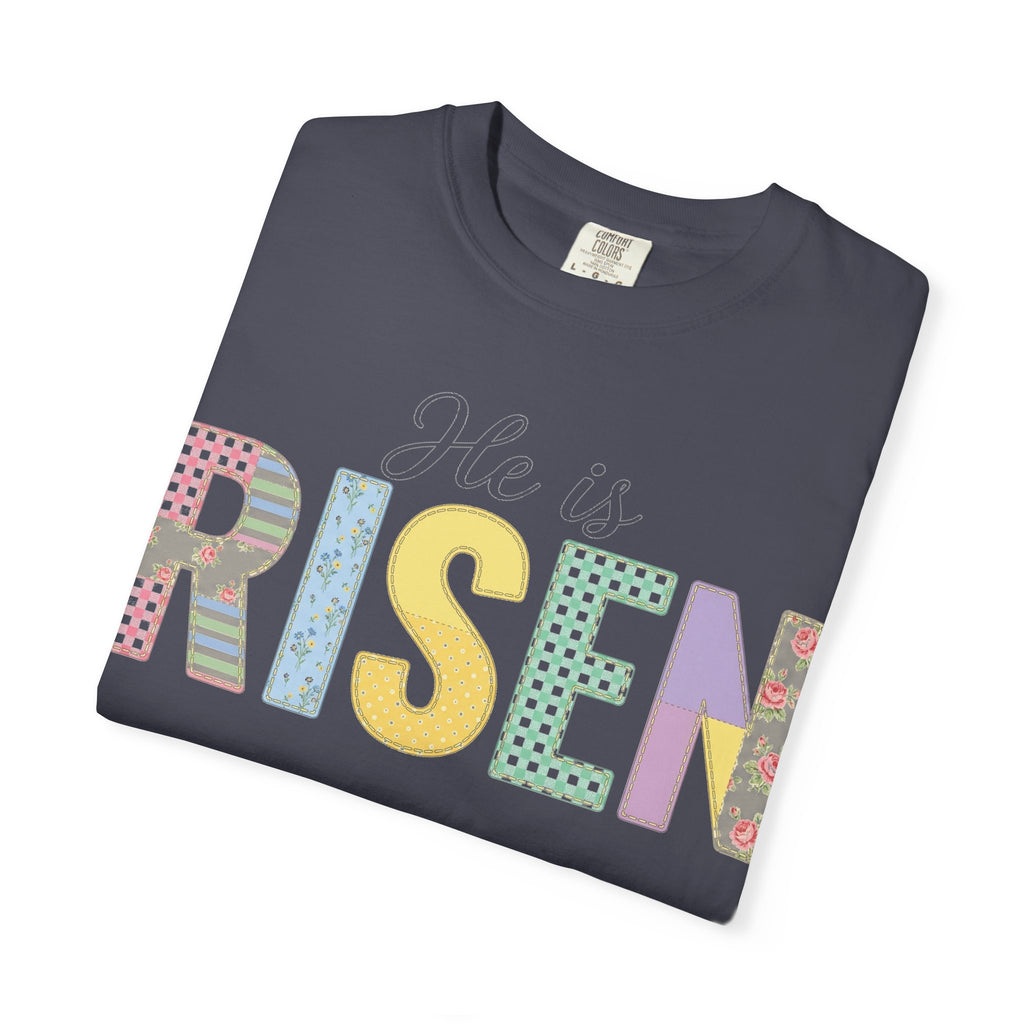 He Is Risen Patchwork Shirt, Faux Applique Easter Tee, Gingham Floral Christian Shirt, Easter Gift