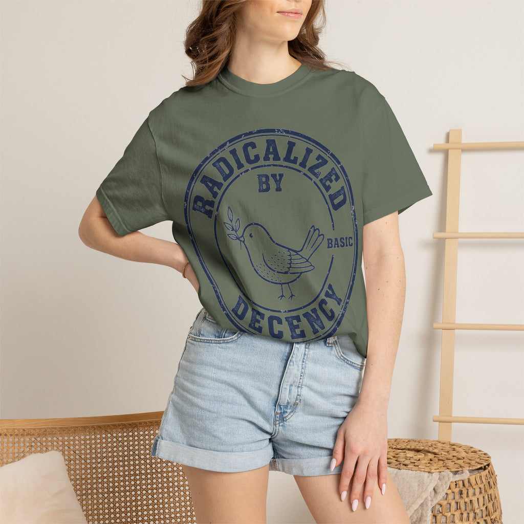 Radicalized By Basic Decency Navy Stamp Shirt, Line Art Dove Badge Tee, Kindness Protest Shirt, Activist Gift