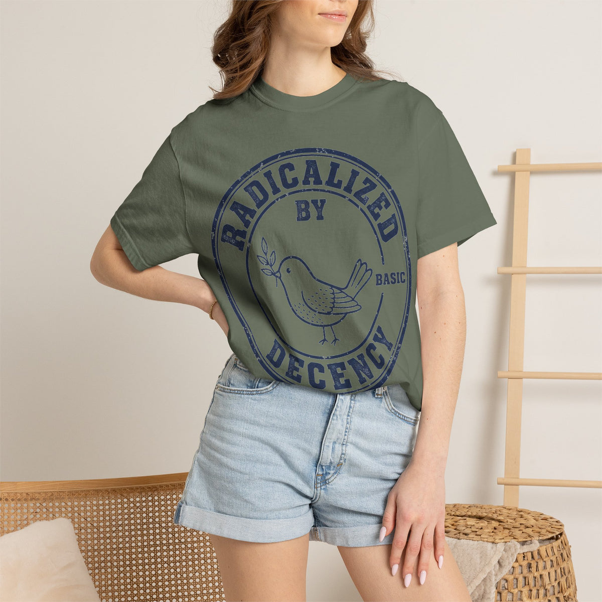 Radicalized By Basic Decency Navy Stamp Shirt, Line Art Dove Badge Tee, Kindness Protest Shirt, Activist Gift