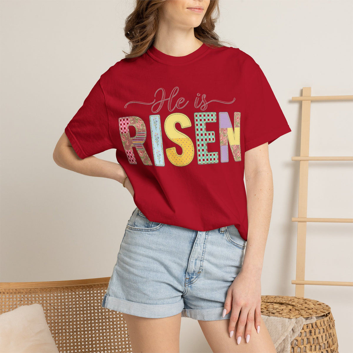 He Is Risen Floral Applique Shirt, Rose Gingham Easter Tee, Christian Patchwork Shirt, Easter Gift