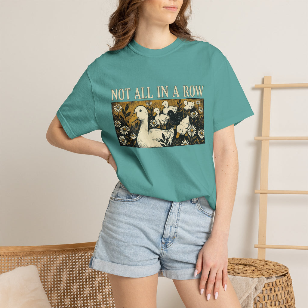 Not All In A Row Shirt, Woodcut Duck And Daisies Tee, Vintage Block Print Shirt, Funny Duck Gift