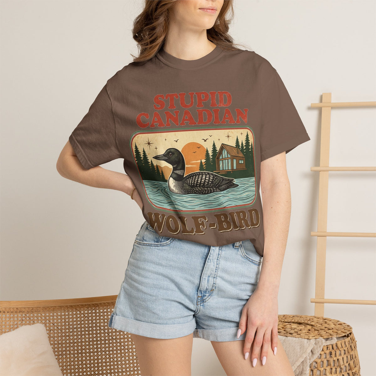 Stupid Canadian Wolf-Bird Shirt, Retro Loon Lake Badge Tee, Funny Canada Cabin Shirt, Lake Life Gift