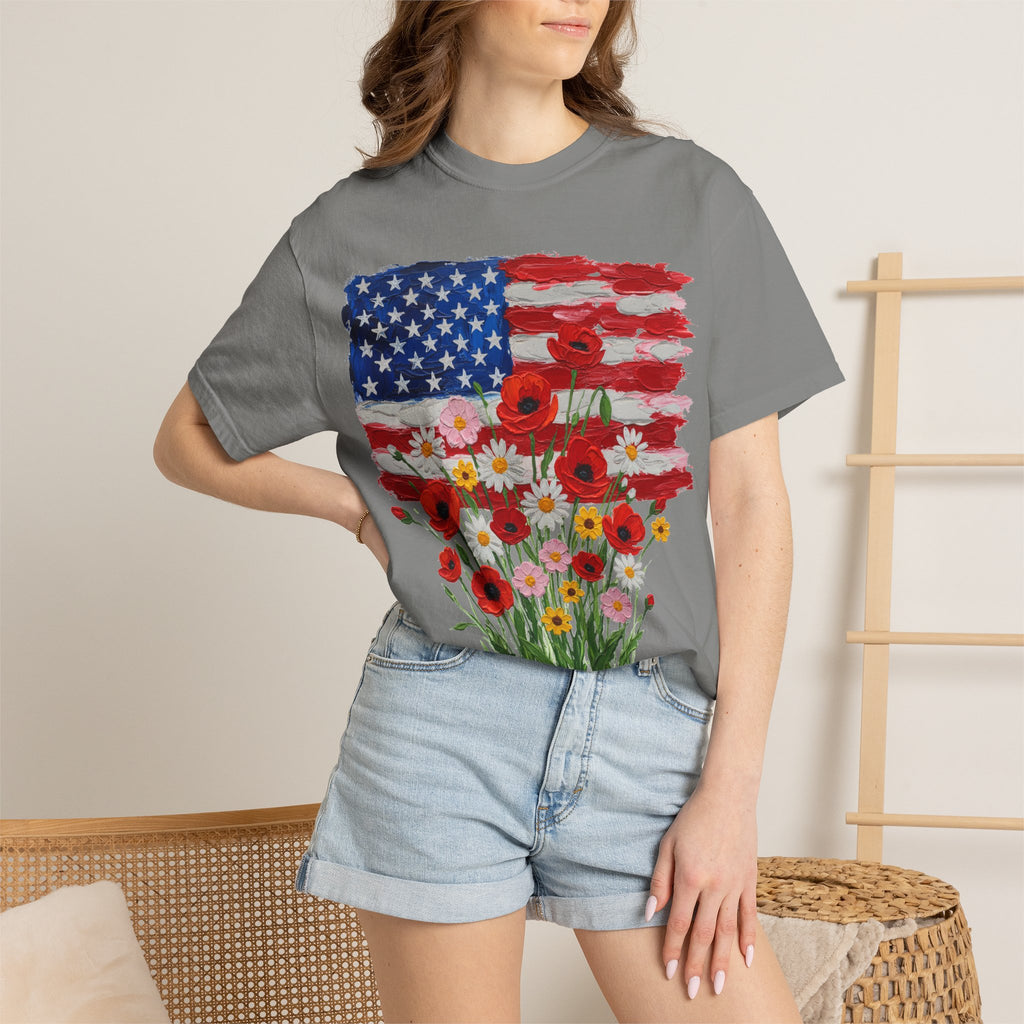 American Flag Poppy Bouquet Shirt, Impasto Patriotic Floral Tee, Memorial Day Shirt, Veterans Gift