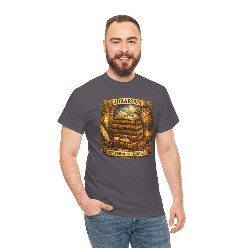 Librarian 'Keeper of the Books' T-Shirt — Vintage Bookstack & Owl Graphic