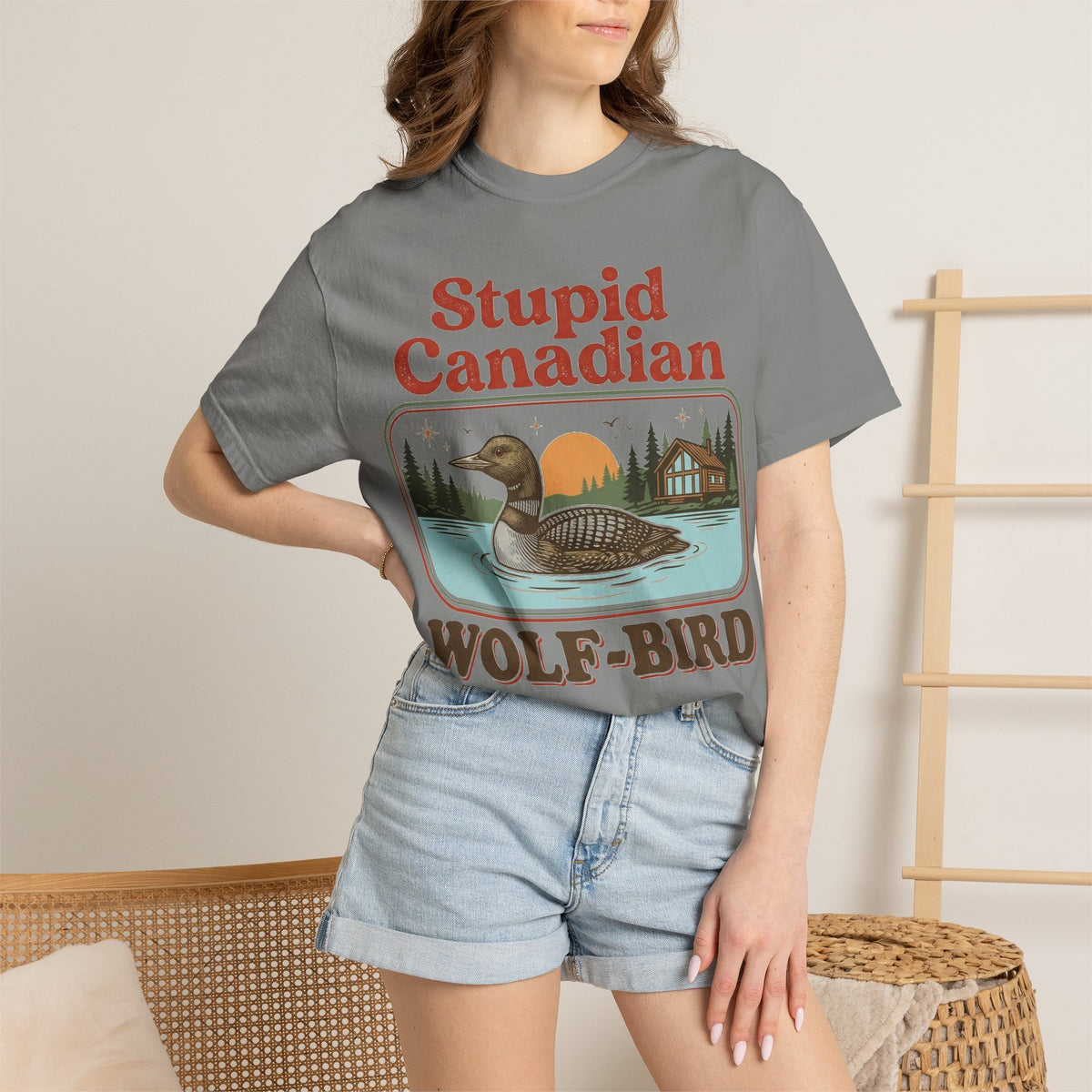 Stupid Canadian Wolf-Bird Classic Shirt, Loon Lake Scene Badge Tee, Funny Cabin Shirt, Lake Life Gift
