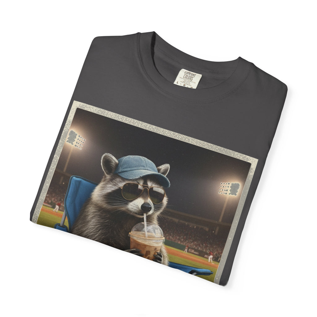 Baseball Raccoon Shirt, I Live Here Now Tee, Funny Ballpark Iced Coffee Shirt, Baseball Mom Gift