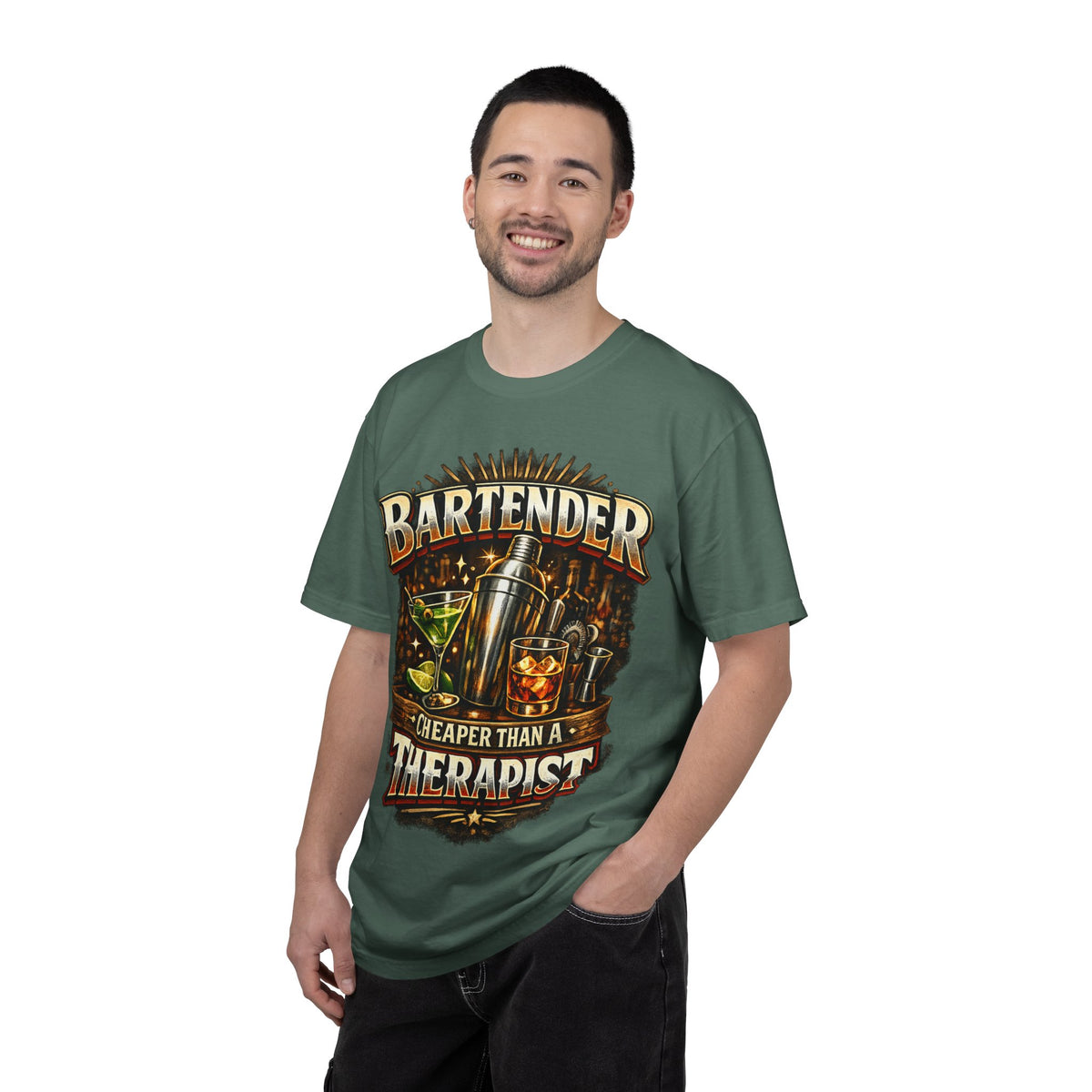 Bartender T-Shirt — "Bartender: Cheaper Than a Therapist" Vintage Bar Graphic Tee