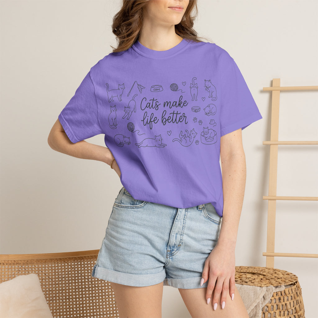 Cats Make Life Better Wide Shirt, Scattered Cat Doodle Tee, Minimal Cat Lover Shirt, Cat Owner Gift