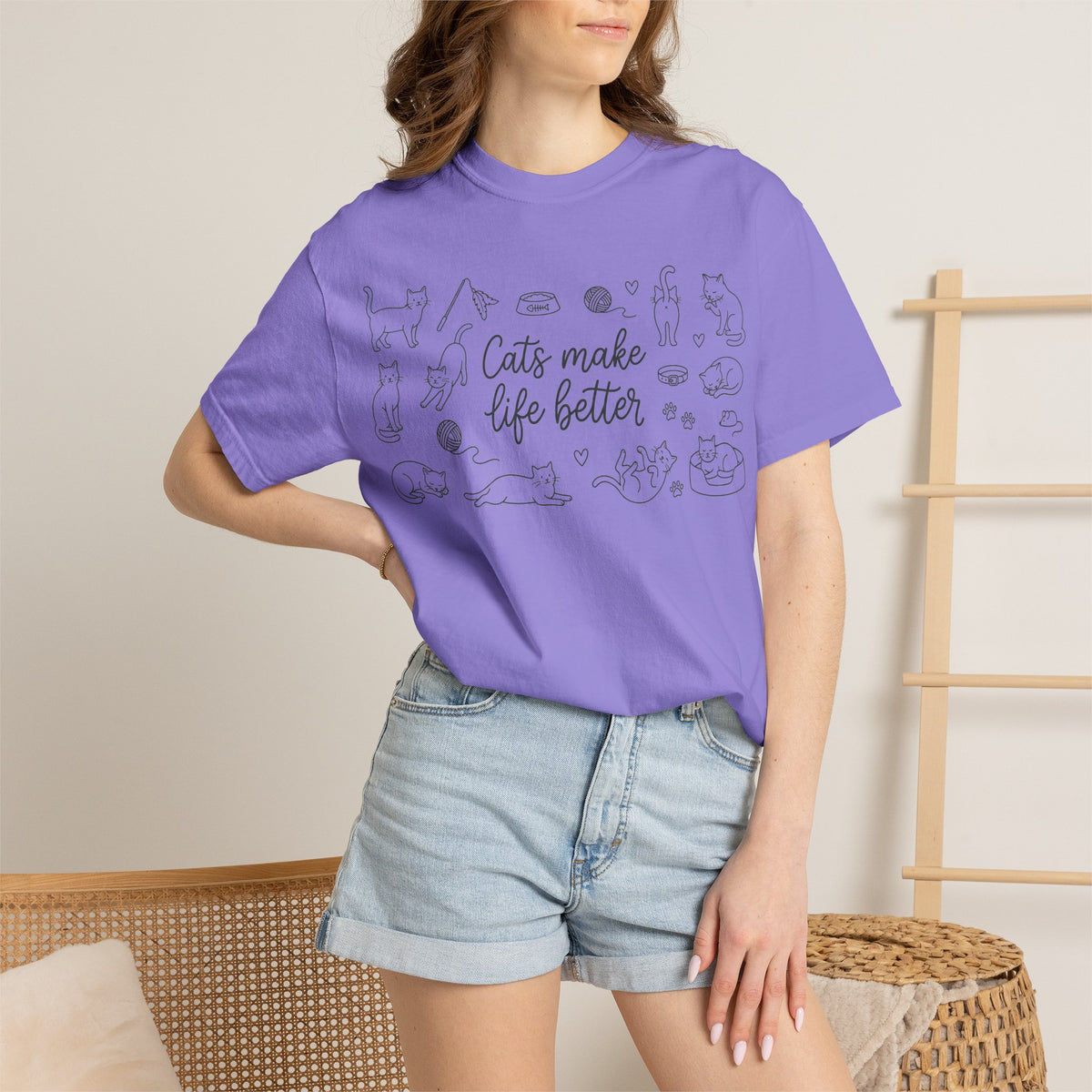 Cats Make Life Better Wide Shirt, Scattered Cat Doodle Tee, Minimal Cat Lover Shirt, Cat Owner Gift