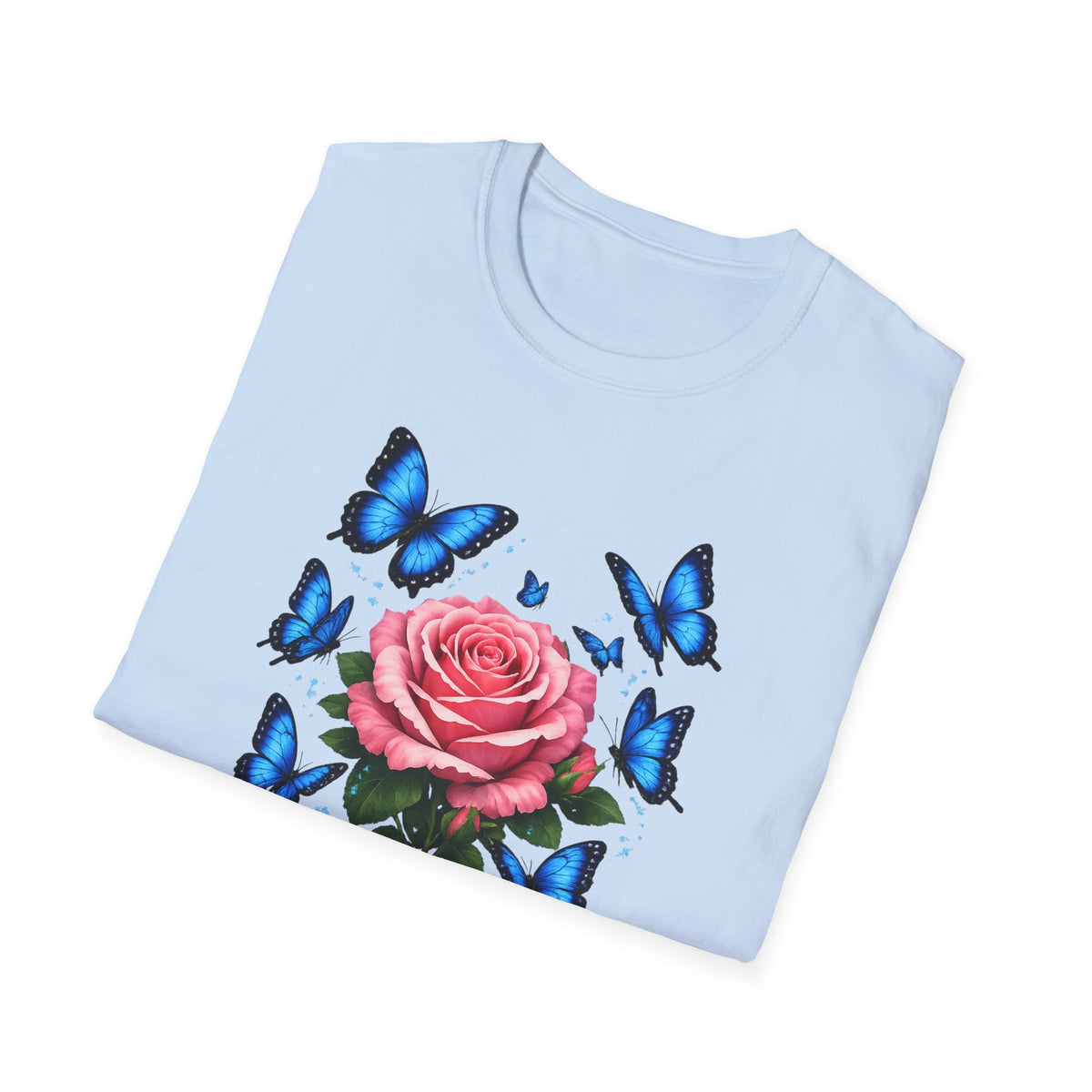 Rose and Blue Butterflies T-Shirt — Floral Garden Tee for Spring & Gifts