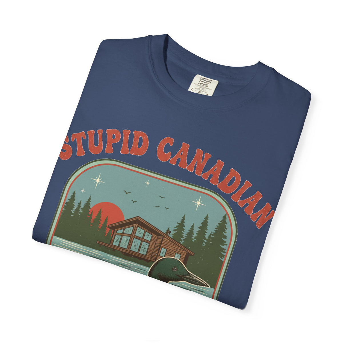 Stupid Canadian Wolf-Bird Arched Shirt, Retro Loon Sunset Badge Tee, Funny Lake Shirt, Cabin Gift