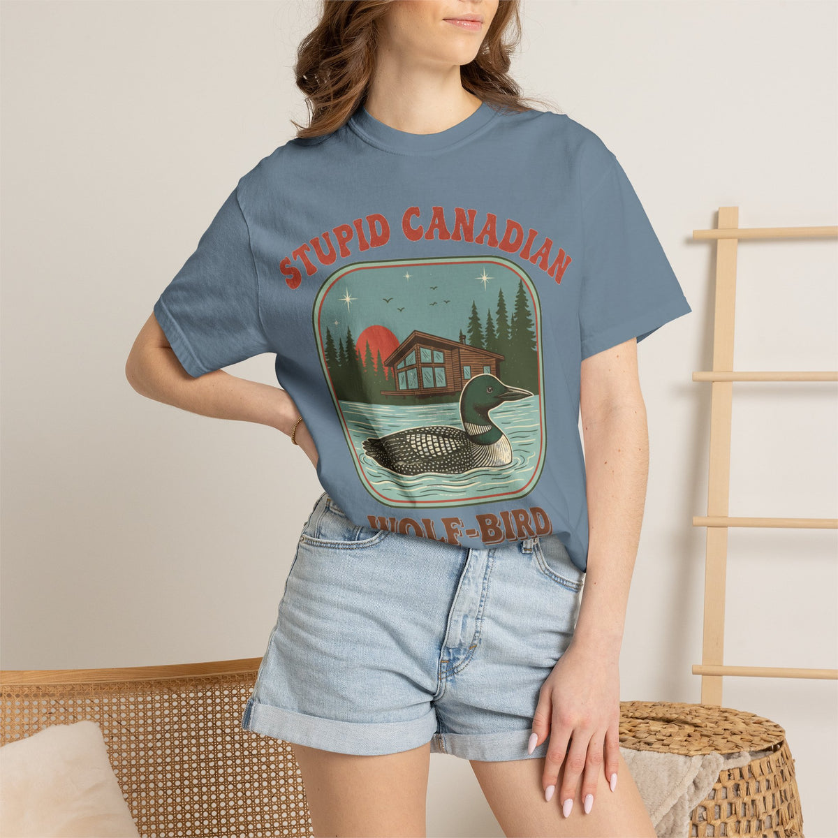 Stupid Canadian Wolf-Bird Arched Shirt, Retro Loon Sunset Badge Tee, Funny Lake Shirt, Cabin Gift