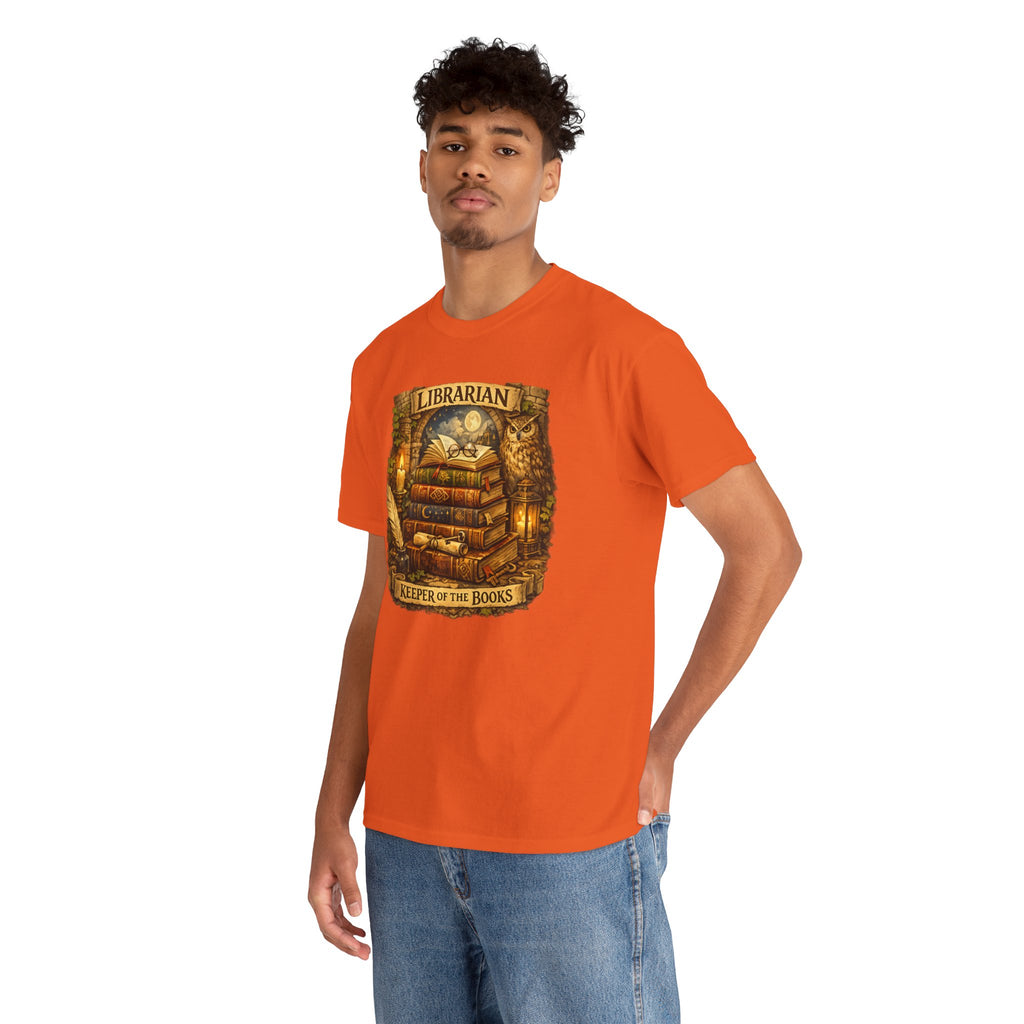 Librarian 'Keeper of the Books' T-Shirt — Vintage Bookstack & Owl Graphic