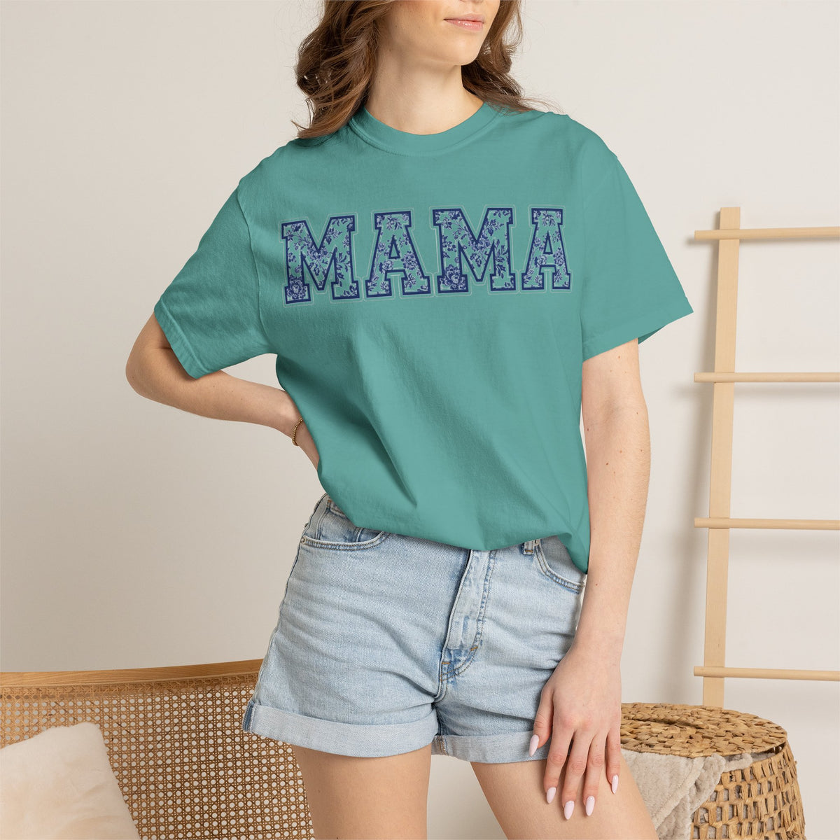 Mama Delft Blue Floral Shirt, Toile Varsity Applique Tee, Grandmillennial Mom Shirt, Mothers Day Gift
