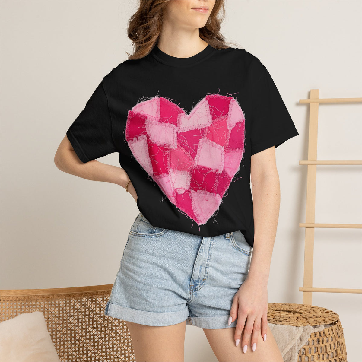 Hot Pink Patchwork Heart Shirt, Checkered Quilt Heart Tee, Frayed Applique Valentine Shirt, Gift For Her