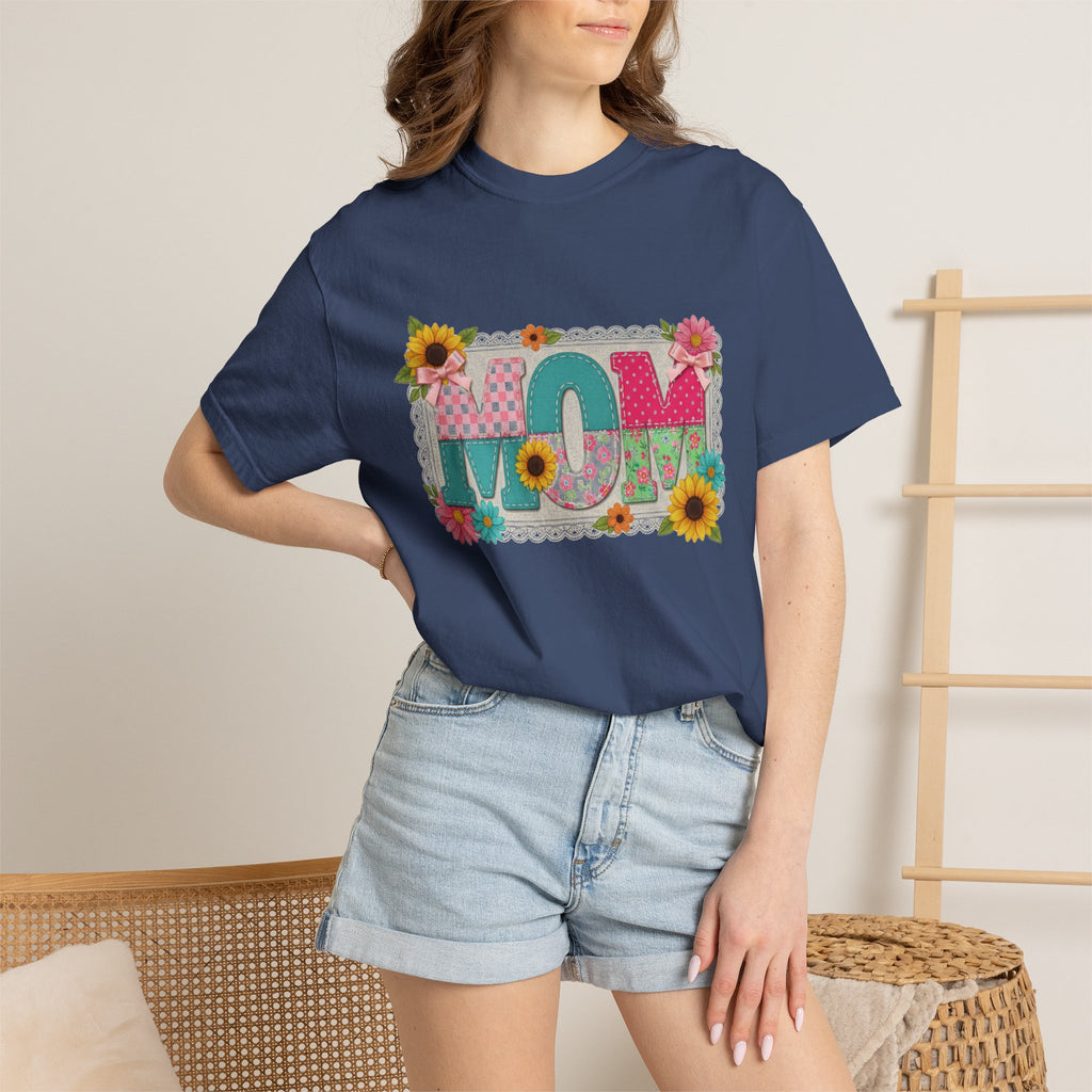 Mom Sunflower Applique Shirt, Faux Stitch Floral MOM Tee, Mothers Day Shirt, Mom Gift
