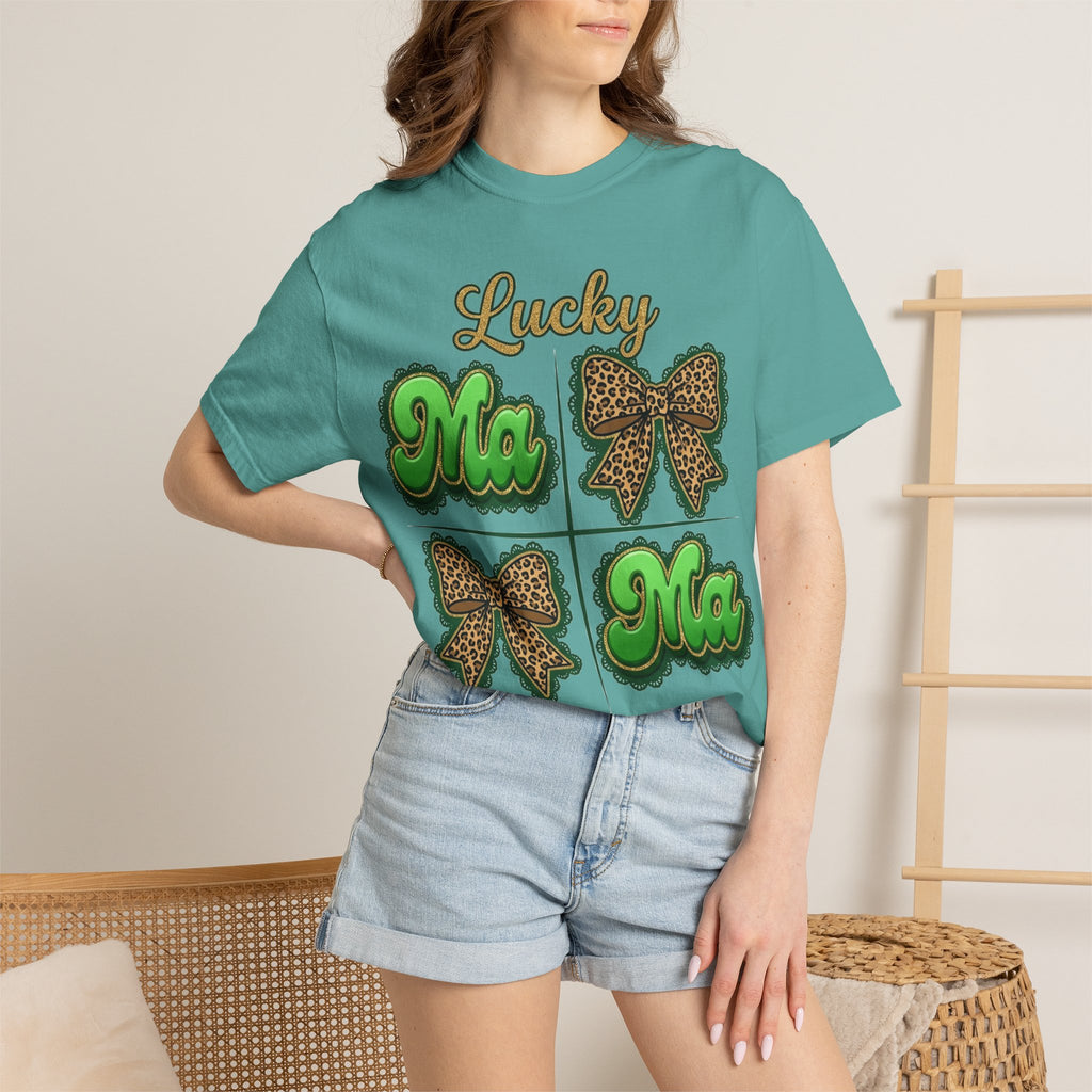 Lucky Mama Shirt, St Patricks Day Leopard Bow Tee, Green Glitter Mama Shirt, Irish Mom Gift
