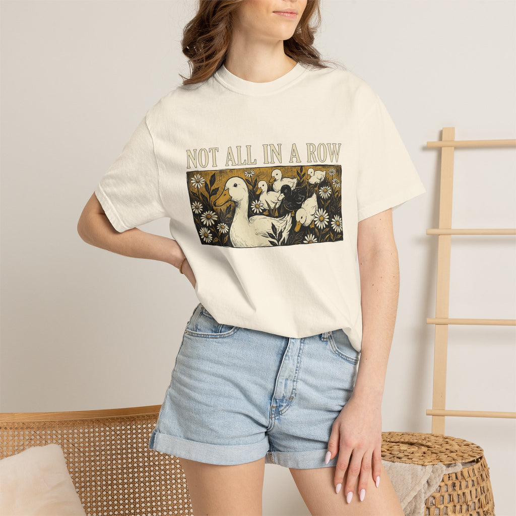 Not All In A Row Shirt, Woodcut Duck And Daisies Tee, Vintage Block Print Shirt, Funny Duck Gift