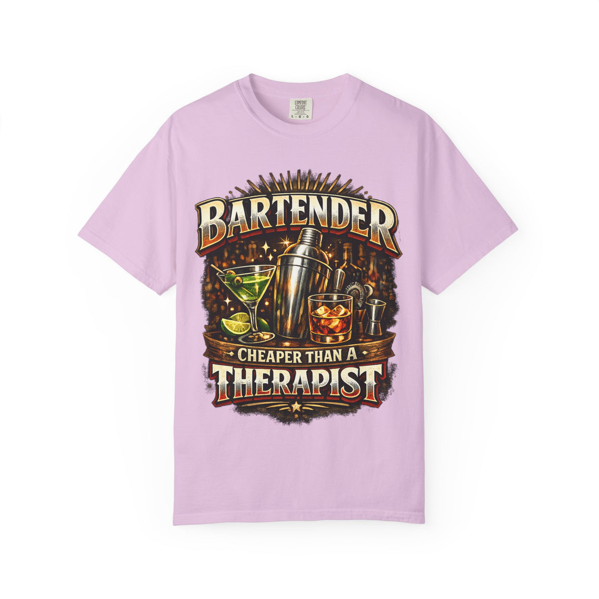 Bartender T-Shirt — "Bartender: Cheaper Than a Therapist" Vintage Bar Graphic Tee