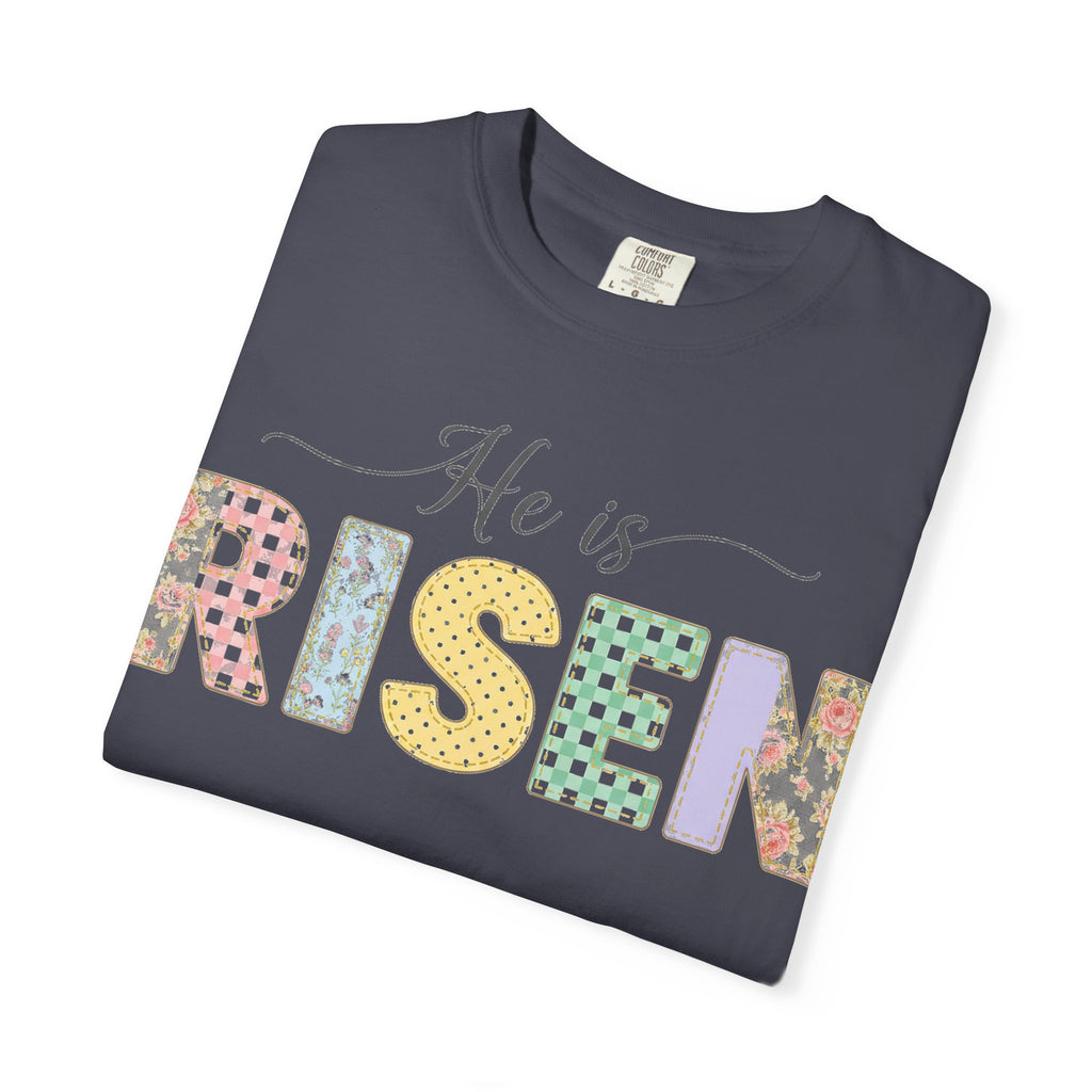 He Is Risen Pastel Patch Shirt, Easter Faux Stitch Letter Tee, Christian Spring Shirt, Easter Gift