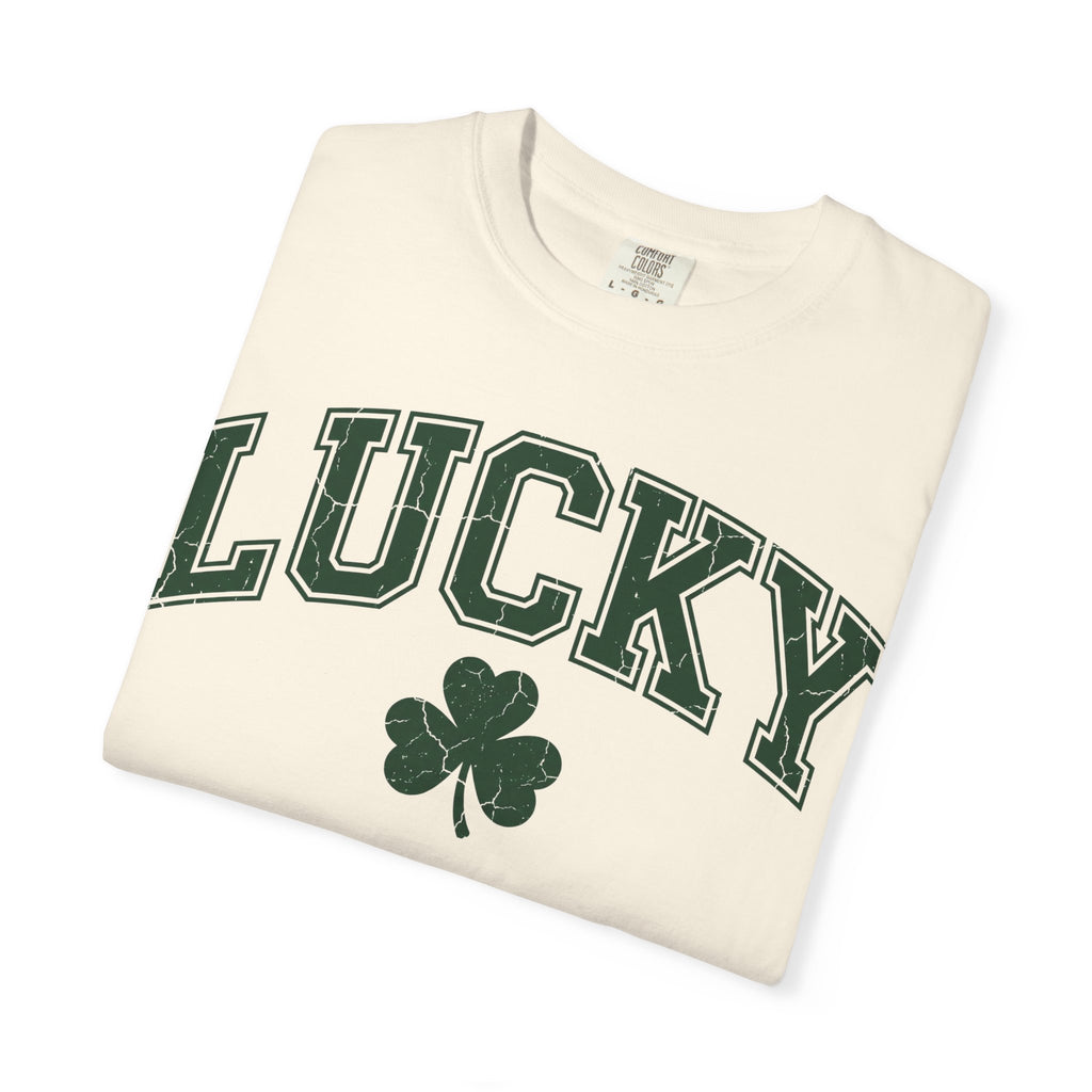 Lucky Shamrock Varsity Shirt, Distressed Green Clover Tee, St Patricks Day Collegiate Shirt, Irish Gift