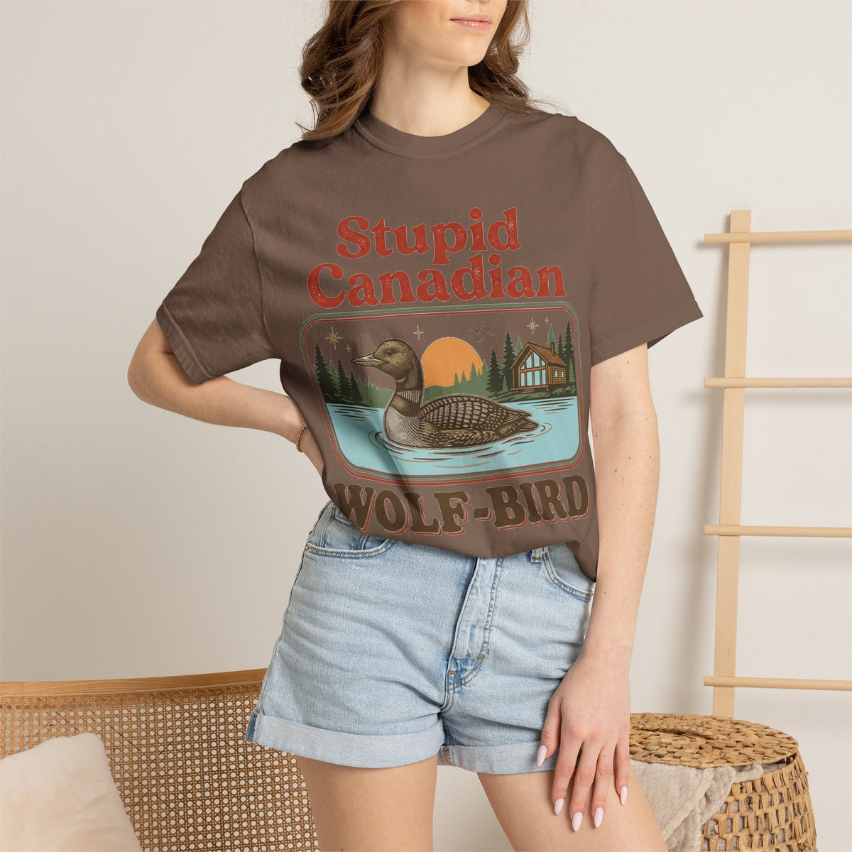 Stupid Canadian Wolf-Bird Classic Shirt, Loon Lake Scene Badge Tee, Funny Cabin Shirt, Lake Life Gift