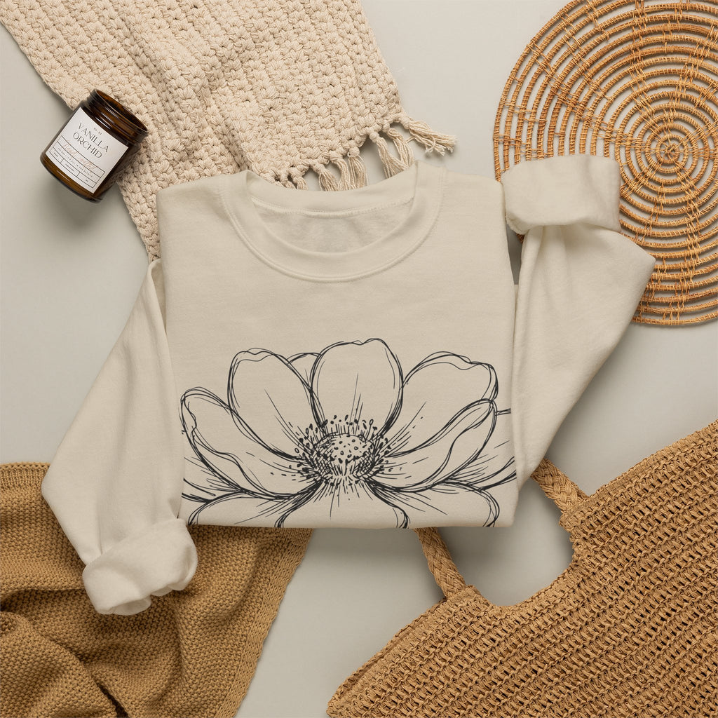 Minimalist Flower Line Art Sweatshirt, Single Bloom Botanical Sweatshirt, Simple Floral Gift for Her, Aesthetic Sketch Flower Sweatshirt, Na