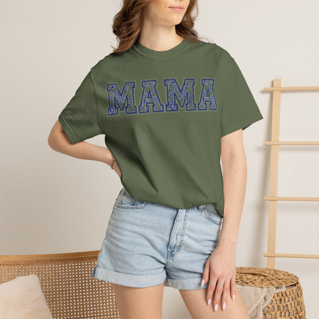 Mama Delft Blue Floral Shirt, Toile Varsity Applique Tee, Grandmillennial Mom Shirt, Mothers Day Gift