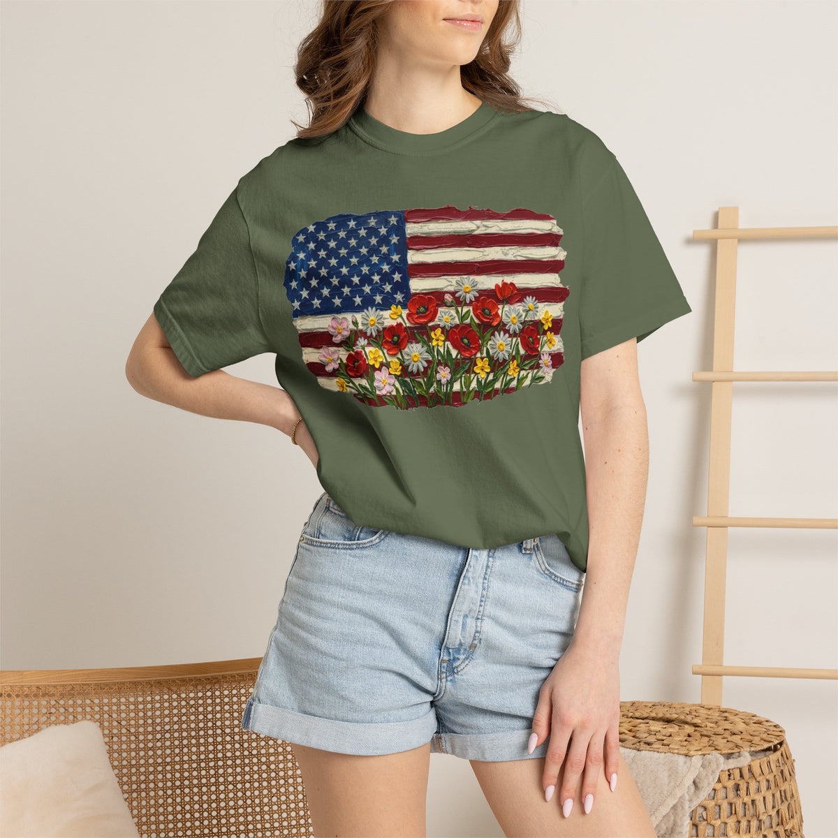 Impasto American Flag Wildflowers Shirt, Painted Flag Floral Tee, Patriotic Garden Shirt, Fourth Of July Gift