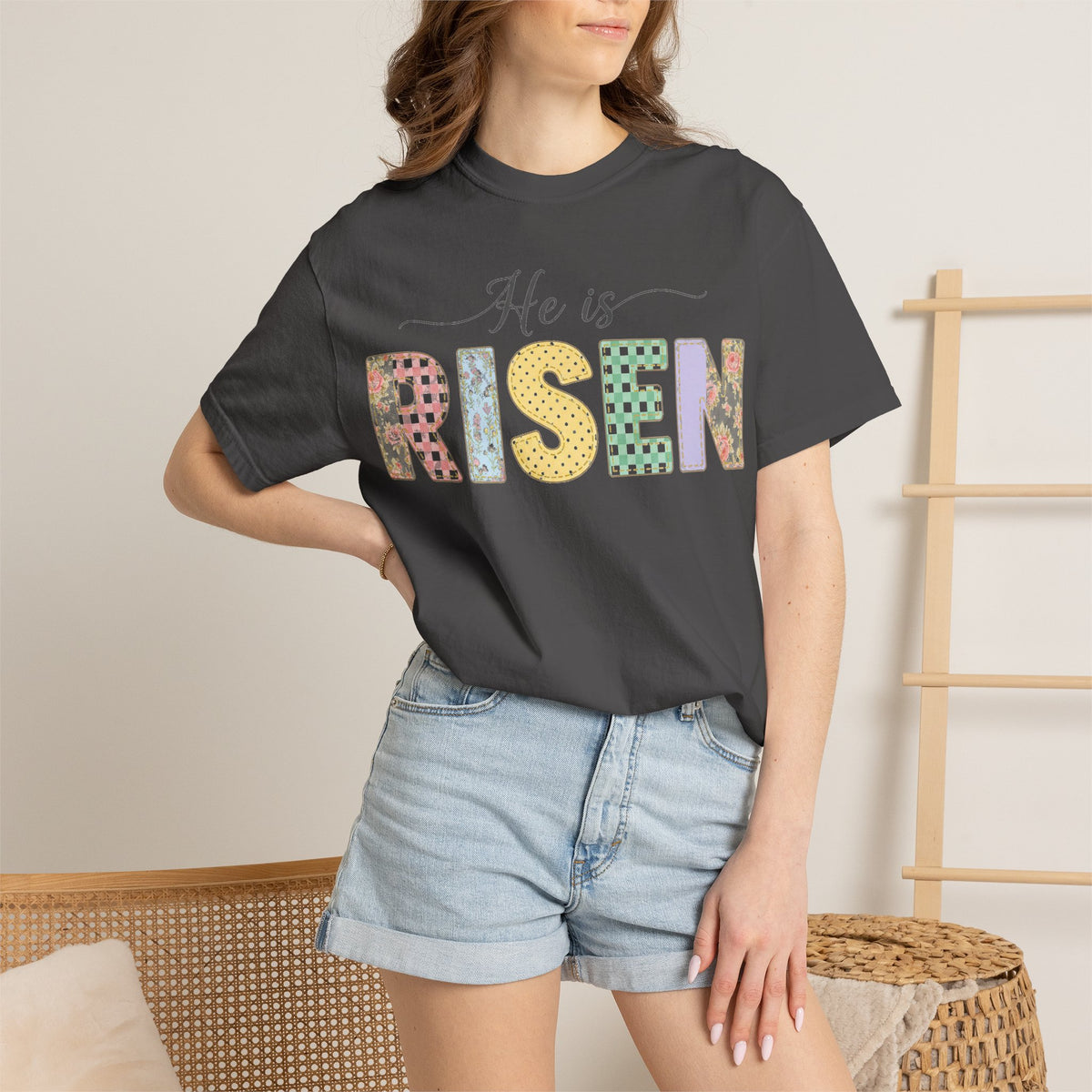 He Is Risen Pastel Patch Shirt, Easter Faux Stitch Letter Tee, Christian Spring Shirt, Easter Gift