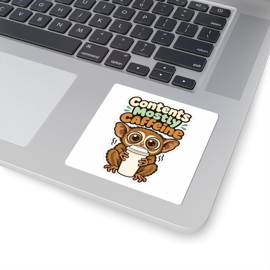 Contents Mostly Caffeine Sticker, Funny Coffee Decal, Cute Tarsier Water Bottle Sticker