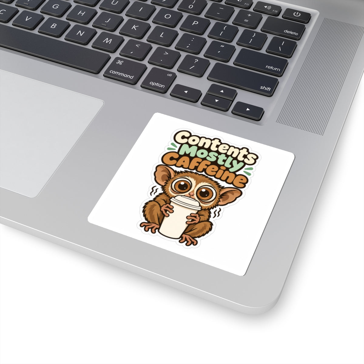 Contents Mostly Caffeine Sticker, Funny Coffee Decal, Cute Tarsier Water Bottle Sticker