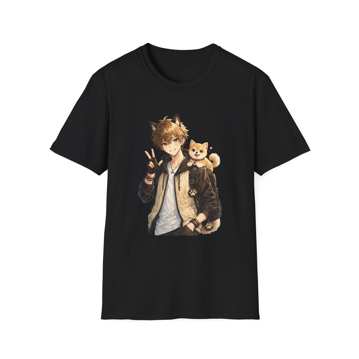 Anime Boy with Shiba Inu T-Shirt — Cute Kawaii Cat-Eared Character Tee