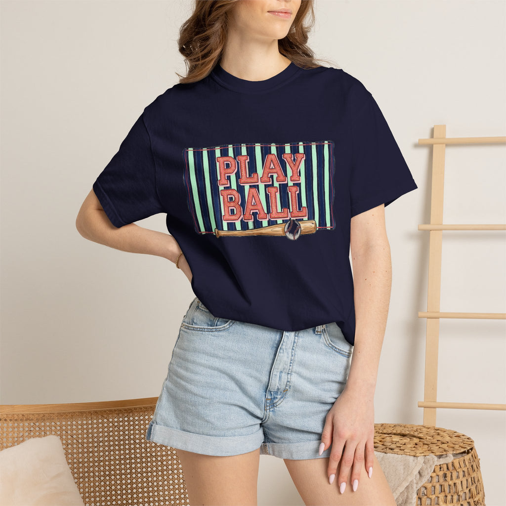Play Ball Wide Stripe Shirt, Baseball Bat And Ball Tee, Vintage Game Day Shirt, Baseball Mom Gift