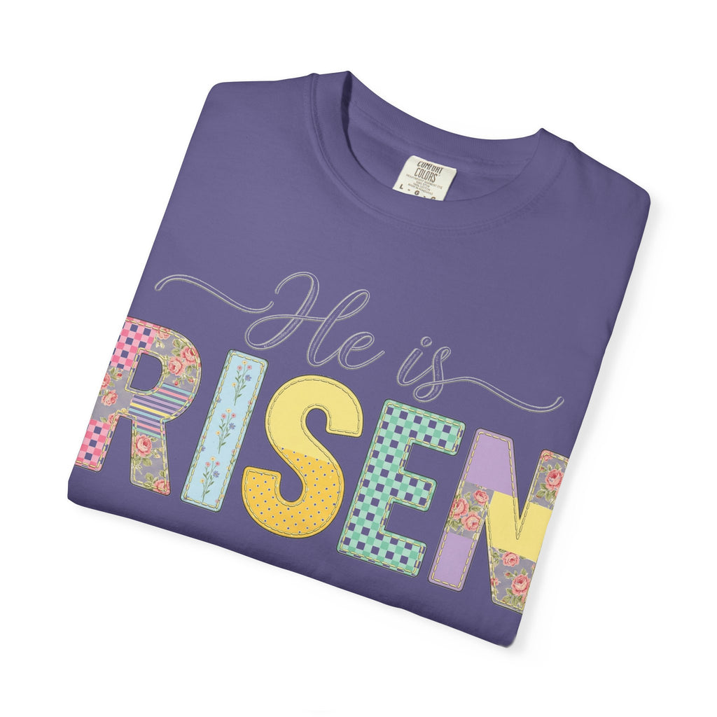 He Is Risen Floral Applique Shirt, Rose Gingham Easter Tee, Christian Patchwork Shirt, Easter Gift